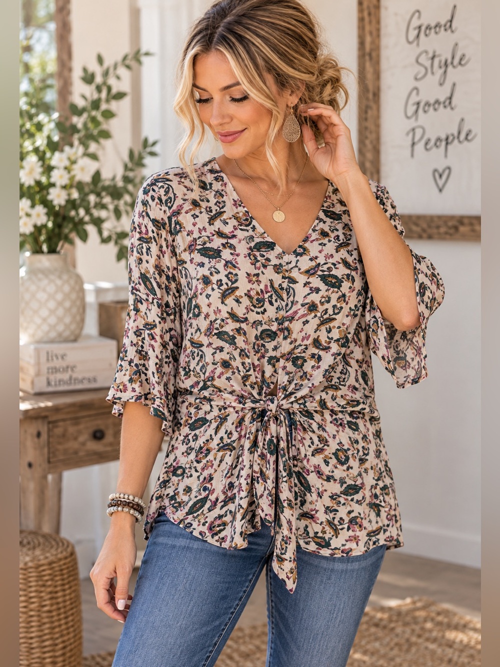 teaRose Floral Boho Tie Front Blouse M V Neck Back Zip Cottagecore